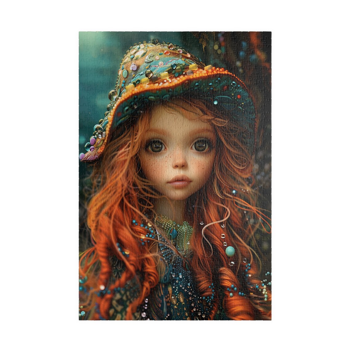 Red Haired Doll Girl Bejeweled Hat Fantasy Jigsaw Puzzle Print - Image 3
