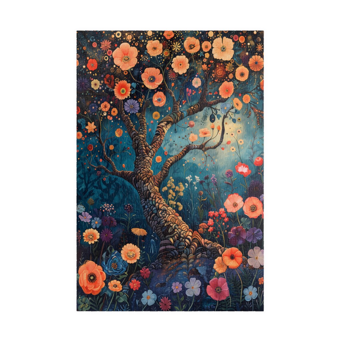 Vibrant Tree of Life Blooming Orange Flowers Night Sky Poster - Image 4