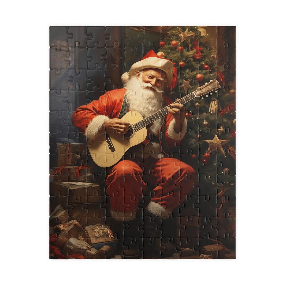 Festive Santa Claus Playing Guitar Beside Christmas Tree Art Poster - Image 5