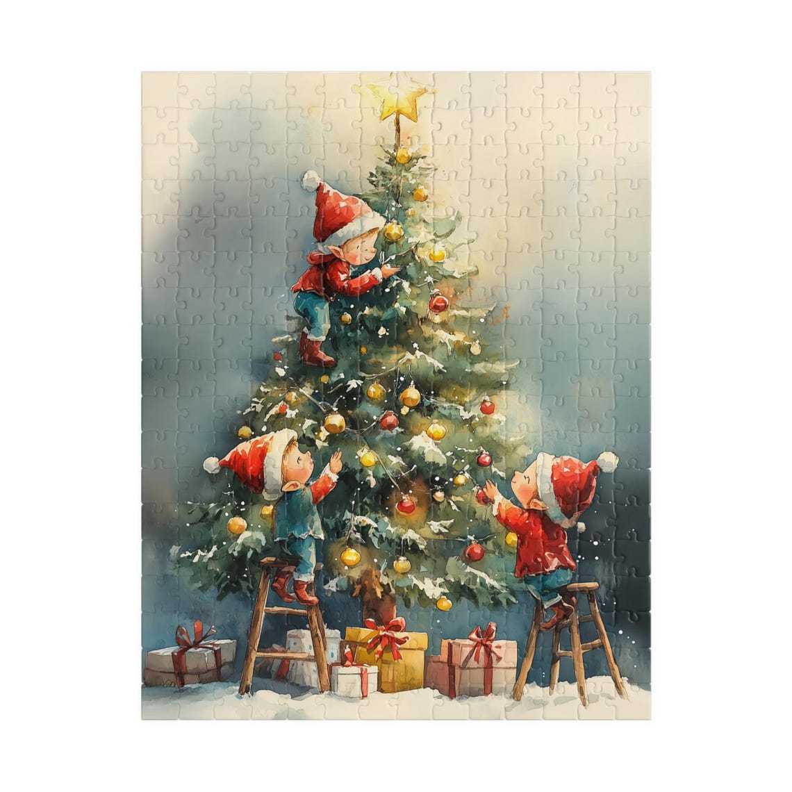 Three Children Decorating A Tall Christmas Tree Watercolor Poster - Image 5