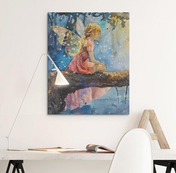 Blonde Fairy Girl Moonlit Rock Starry Water Night Watercolor Poster