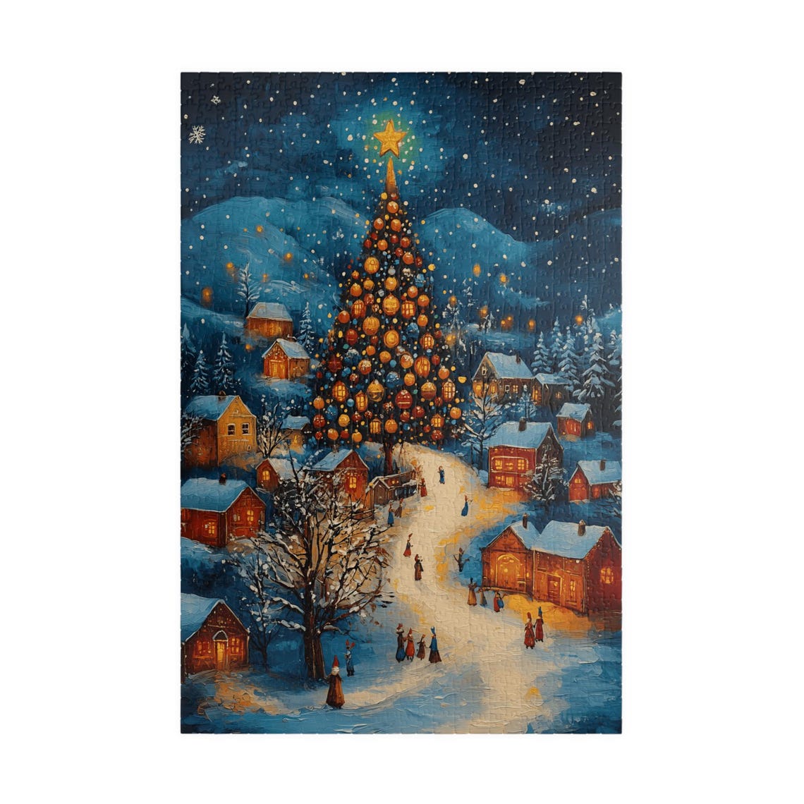 Christmas Village Night Giant Lit Tree Carolers Snowy Poster - Image 3