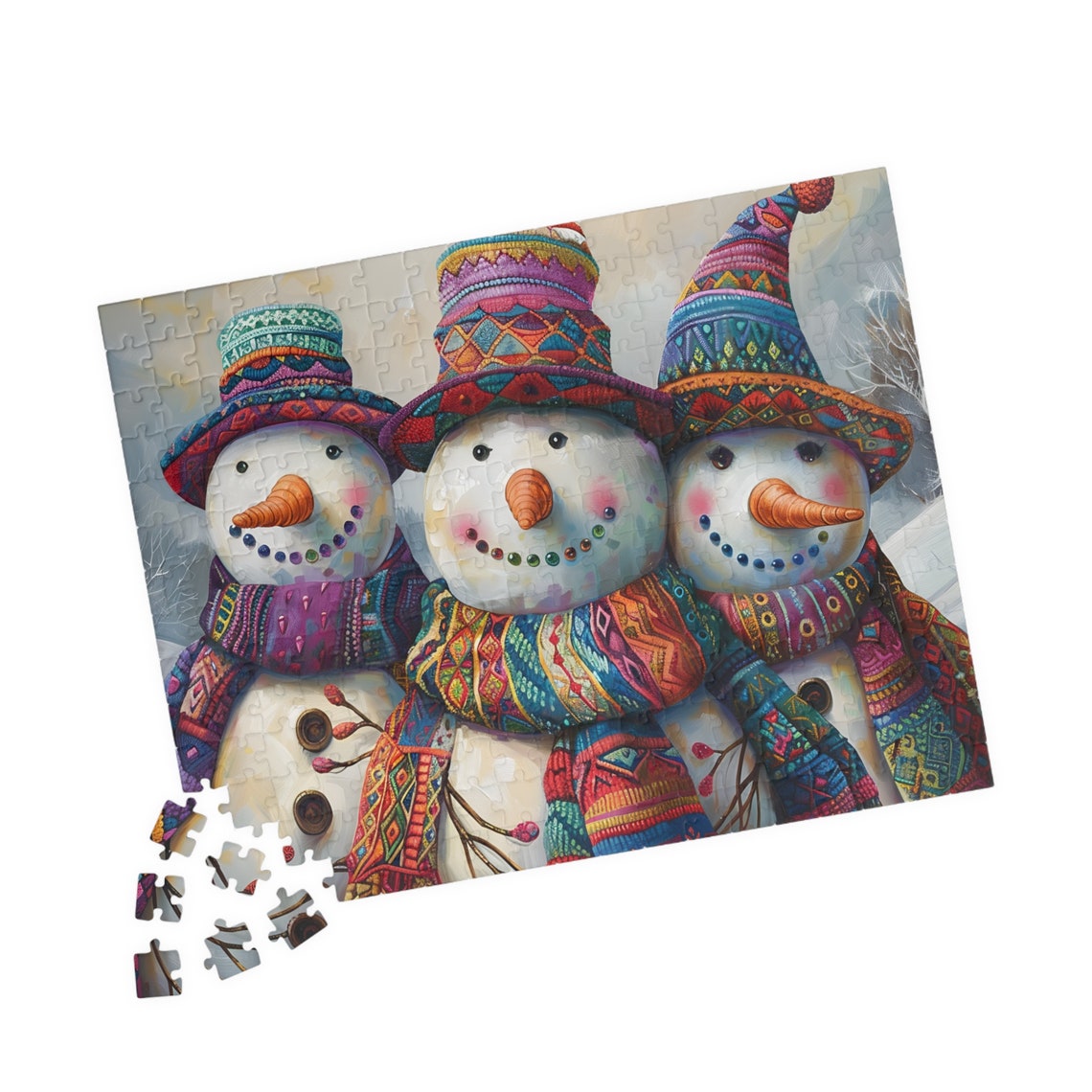 Three Smiling Snowmen In Colorful Knit Hats Winter Art Poster - Image 2