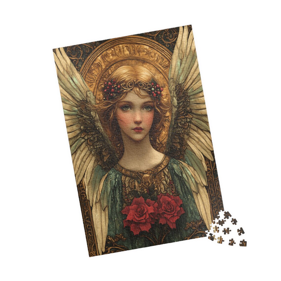 Golden Angel With Berry Crown Roses Fantasy Jigsaw Puzzle Print - Image 4