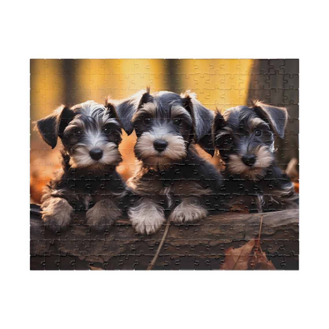 Three Salt and Pepper Schnauzer Puppies on a Log Autumn Poster - Image 2