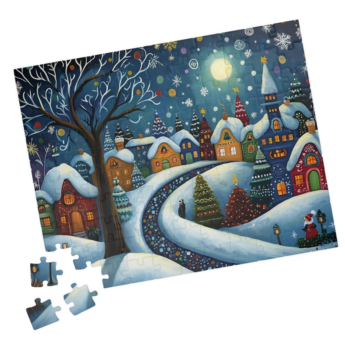 Moonlit Folk Art Christmas Village Snowy Cottages Night Art Poster