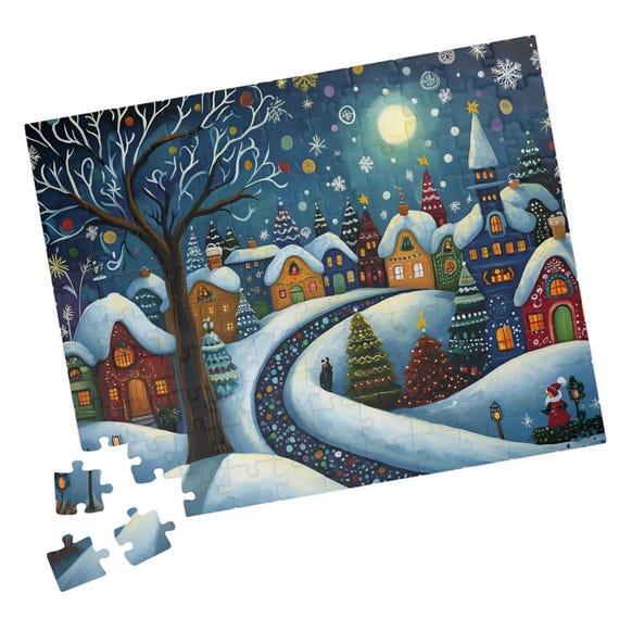 Moonlit Folk Art Village Jigsaw Puzzle Gift For Holidays Birthdays Get Well And Nursing Homes Tech Free Snowy Day Fun
