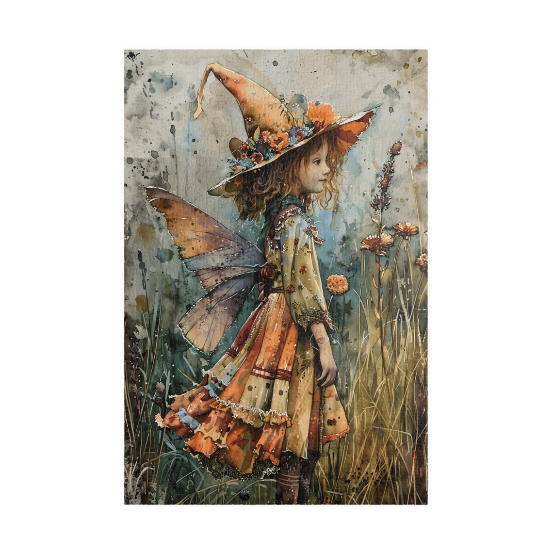 Field Fairy Girl in Flower Witch Hat Standing in Tall Grass Poster - Image 3