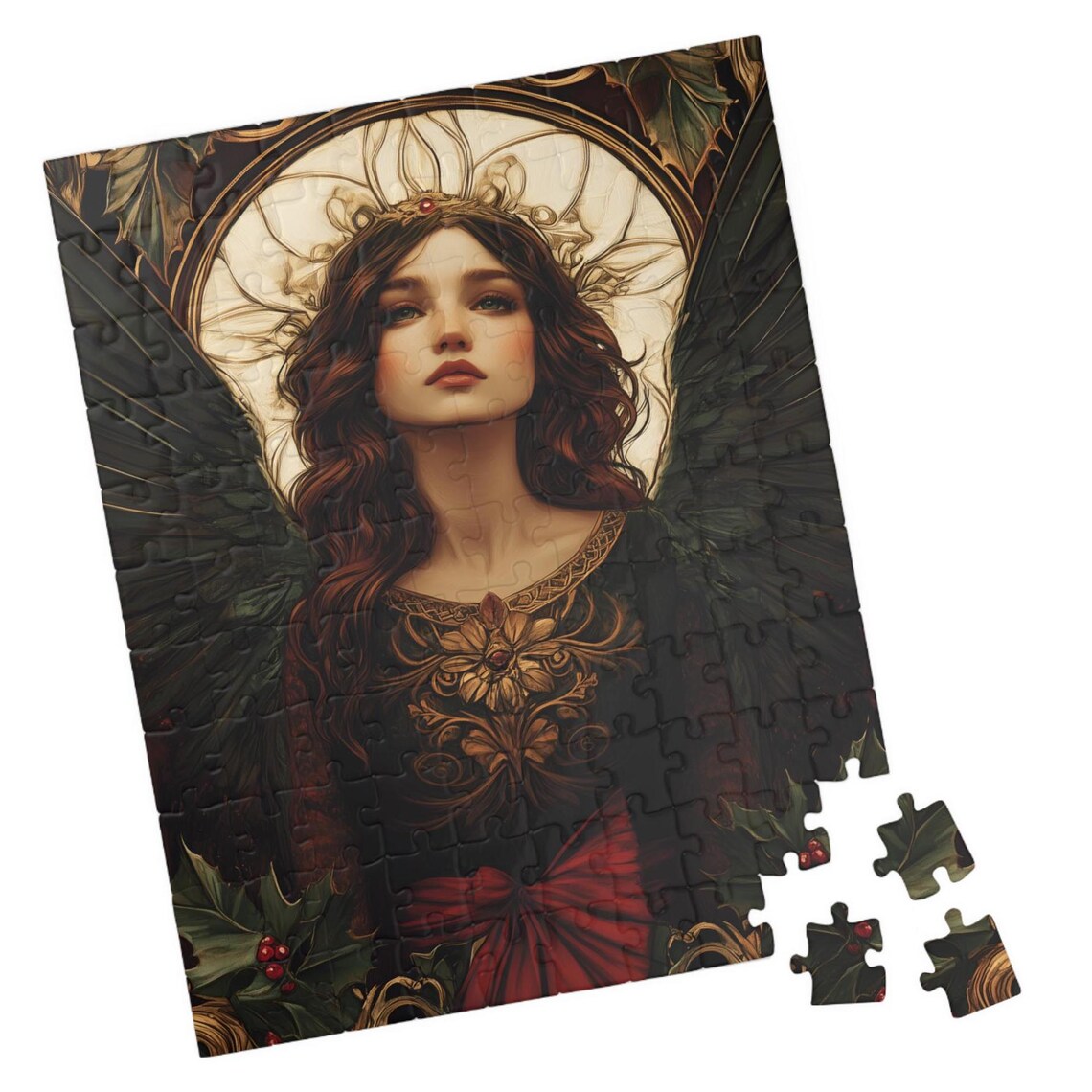 Dark Angel Black Wings Golden Halo Holly Berries Goth Poster