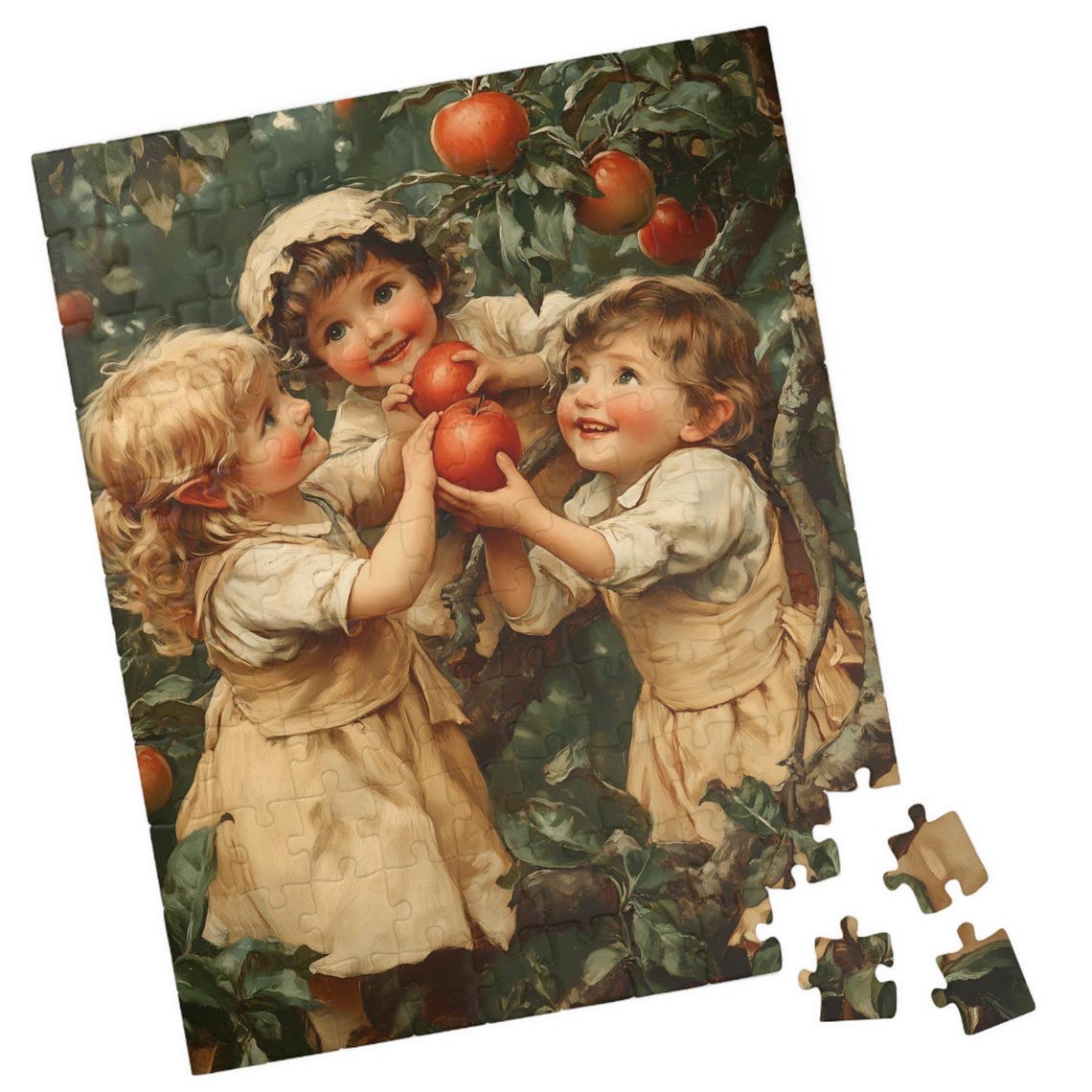 Happy Children Picking Red Apples in Sunny Orchard Vintage Poster
