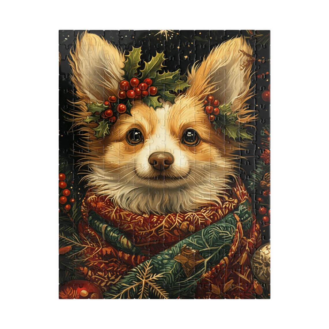 Corgi in Holly Crown and Plaid Scarf Festive Christmas Dog Art Poster - Image 5