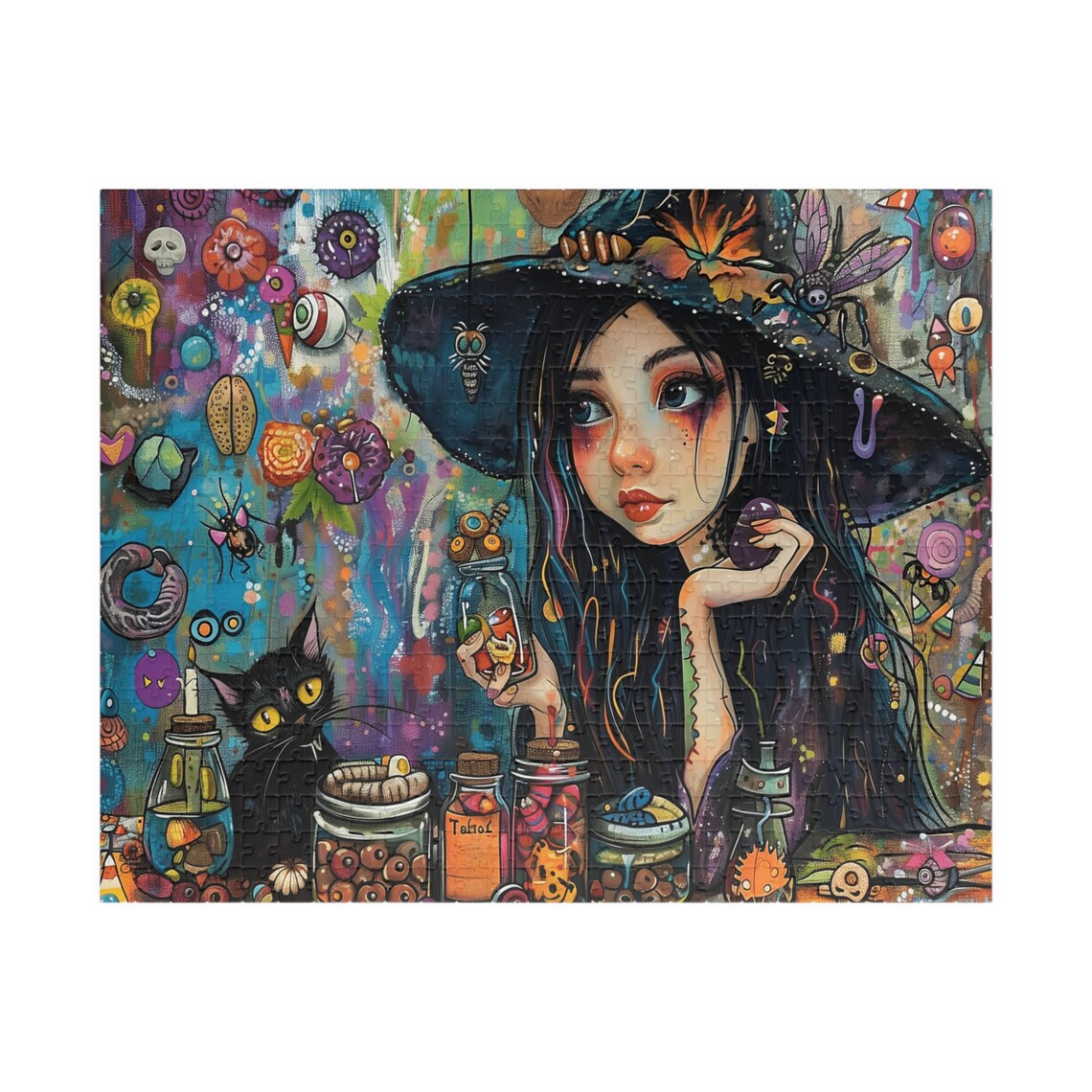 Young Witch Girl With Potion Bottles And Black Cat Halloween Art Poster - Image 2