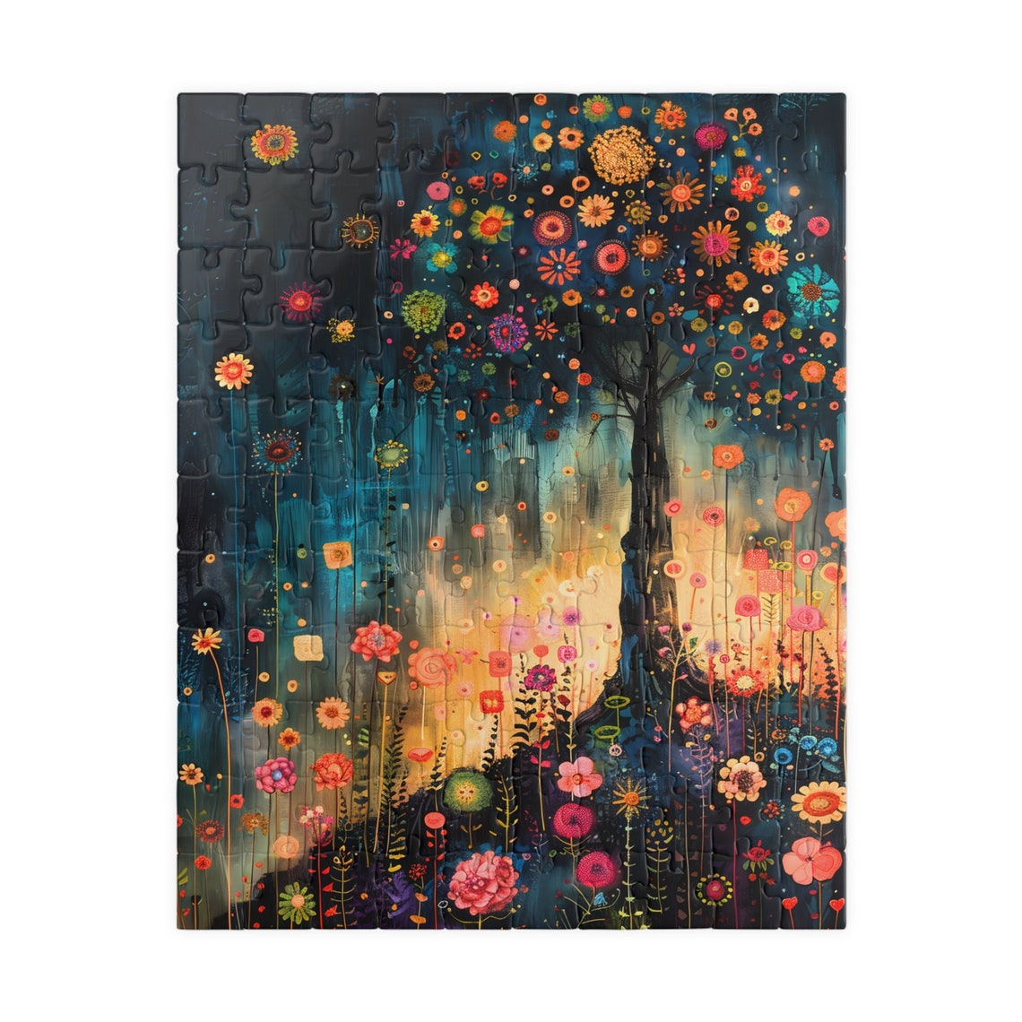 Folk Art Floral Tree Night Meadow Colorful Landscape Art Poster - Image 2