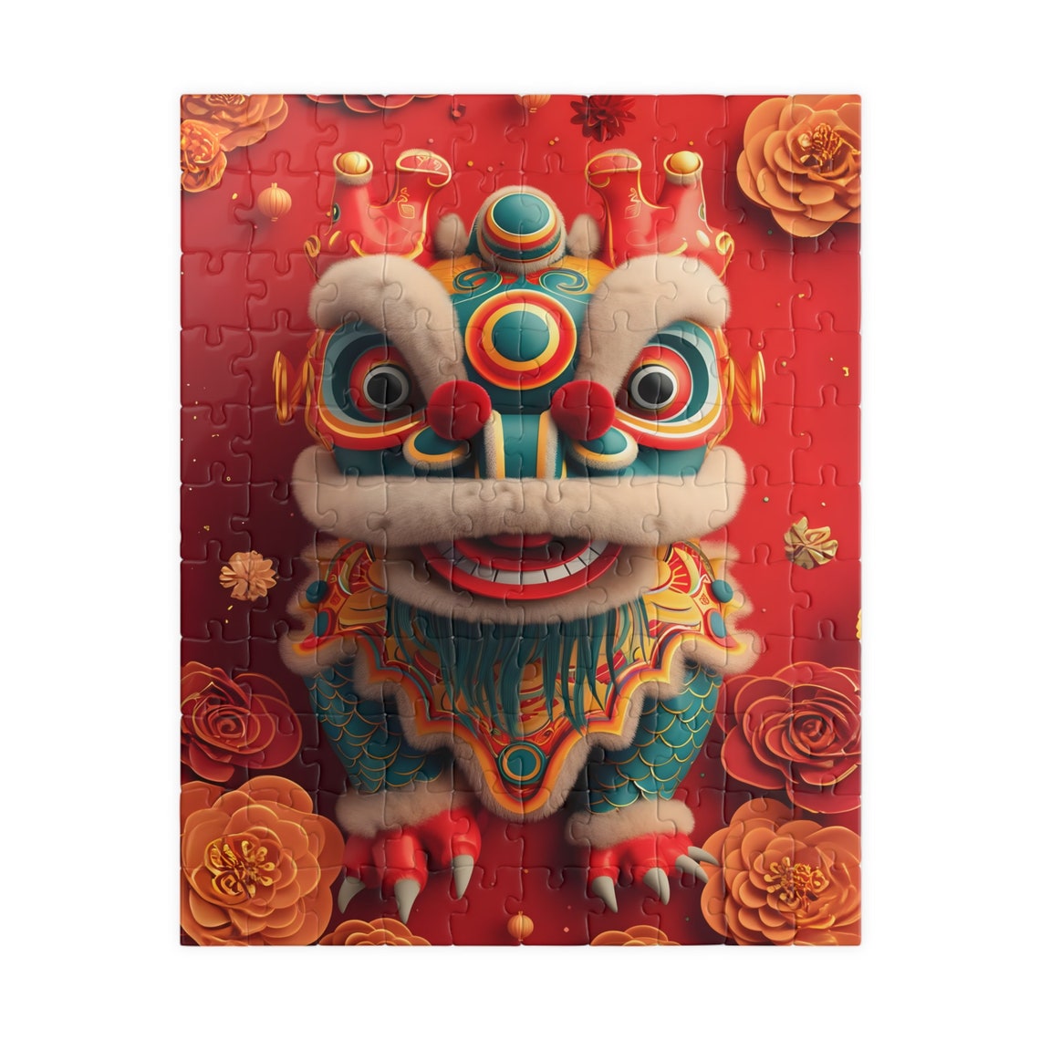 Festive Chinese Lion Dance Head on a Lucky Red Background Poster - Image 3