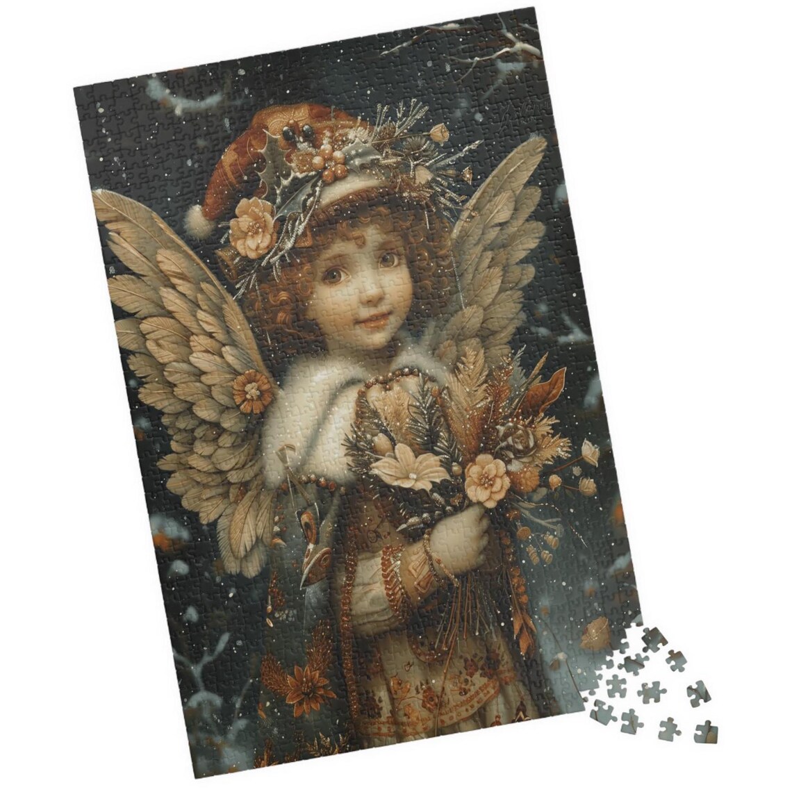 Vintage Winter Angel Girl with Feathered Wings and Flower Bouquet Poster