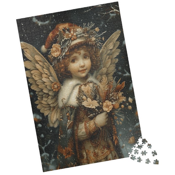 Vintage Winter Angel Girl with Feathered Wings and Flower Bouquet Poster