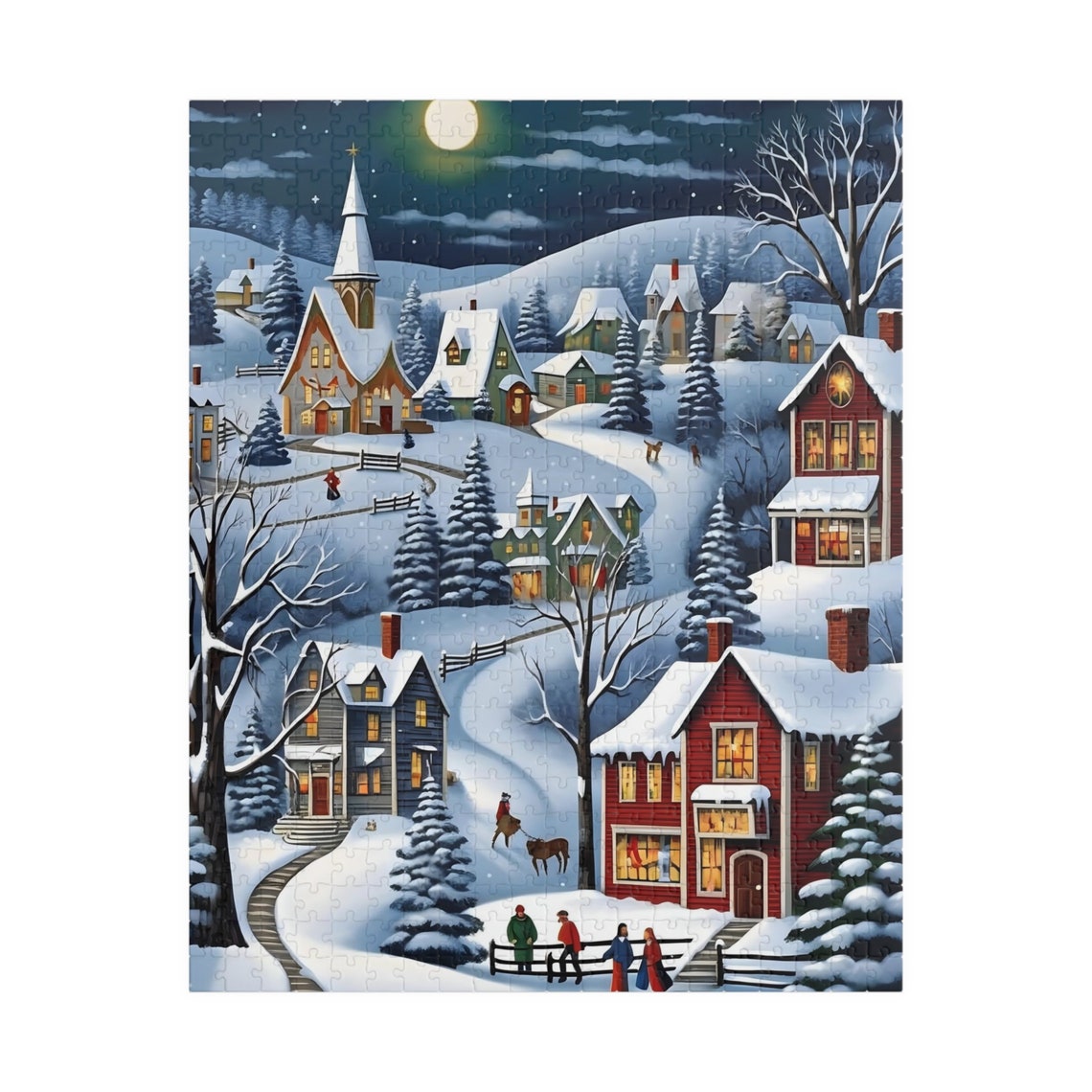 Moonlit Snowy Winter Village With Glowing Windows Art Poster - Image 3