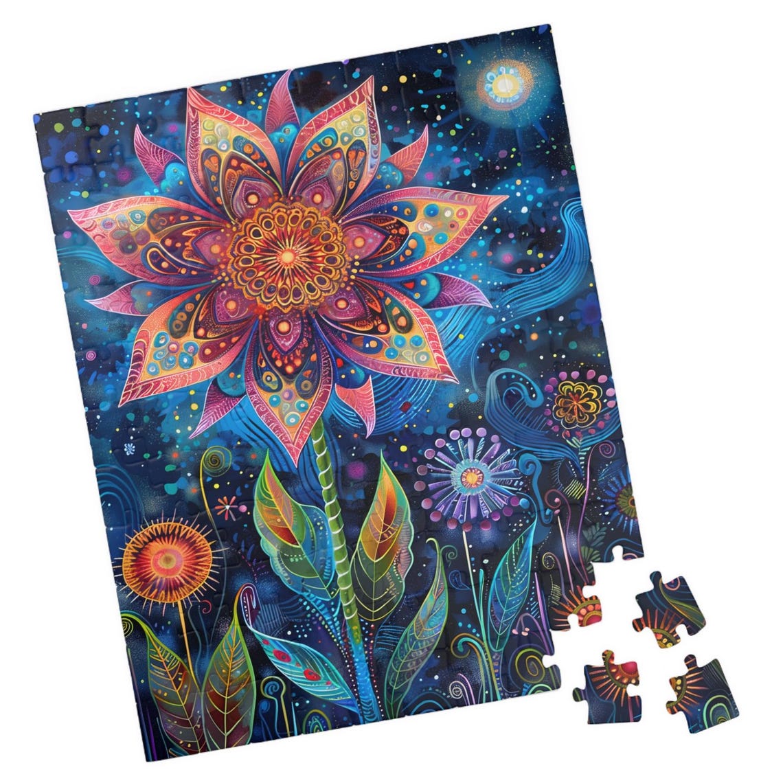 Mystic Midnight Flower II Pink Mandala Bloom Moonlit Sky Poster
