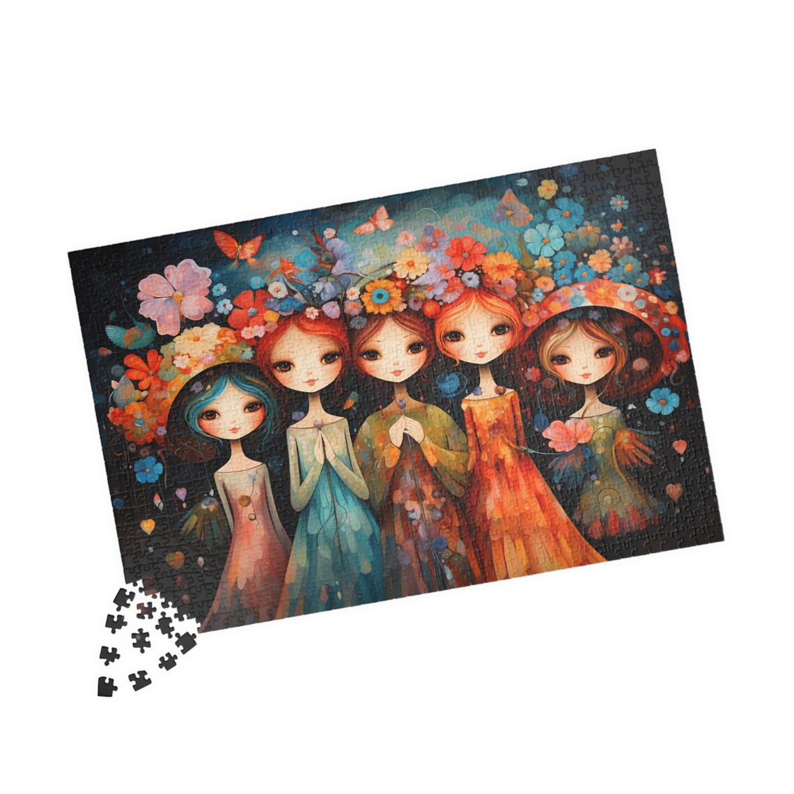 Five Whimsical Flower Girls in Colorful Gowns and Floral Crowns Print - Image 4