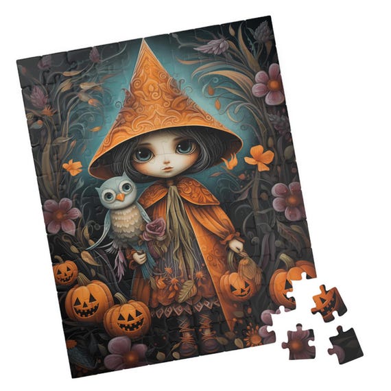 Cute Witch With Owl Pumpkins And Flowers Jigsaw Puzzle Gift For Halloween Holidays Birthdays Get Well And Nursing Homes Fun Activity