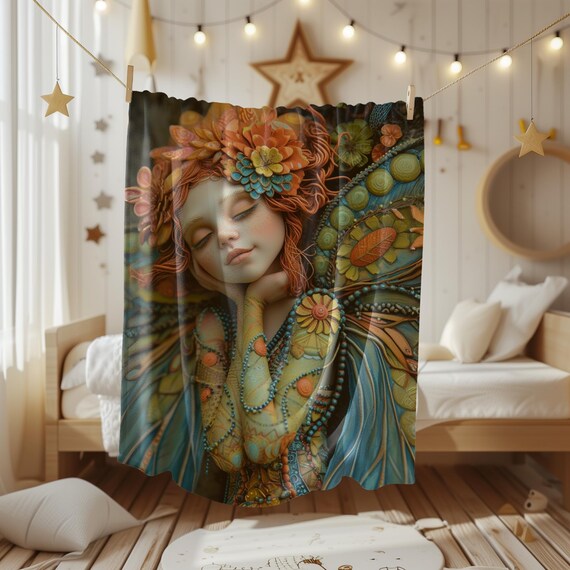 Dreamy Red-Haired Forest Fairy with Floral Wings Watercolor Poster