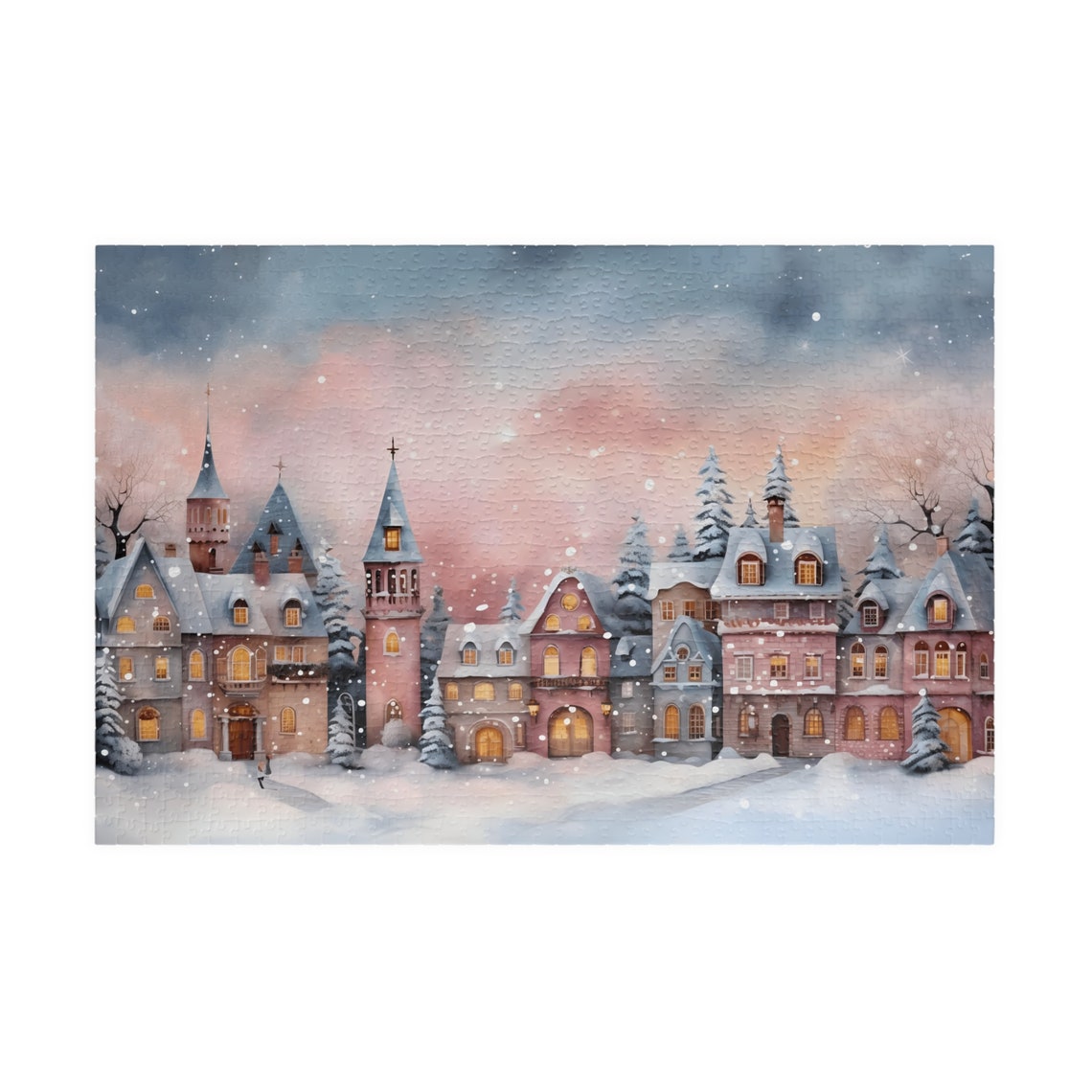 Charming Pastel Snowy European Winter Town Glowing at Dusk Poster - Image 2