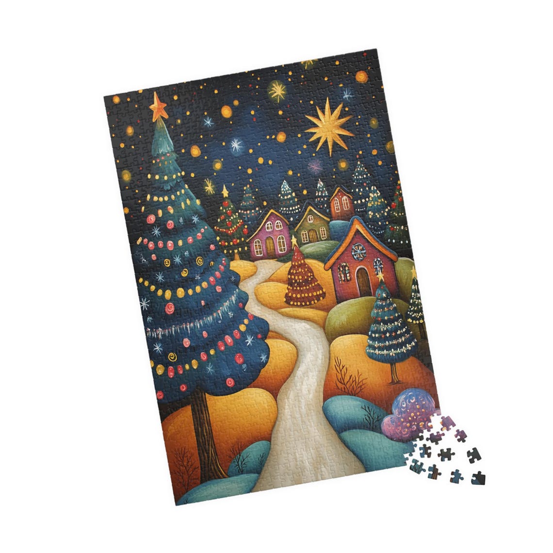 Folk Art Christmas Village With Giant Tree and Starry Night Sky Poster - Image 4