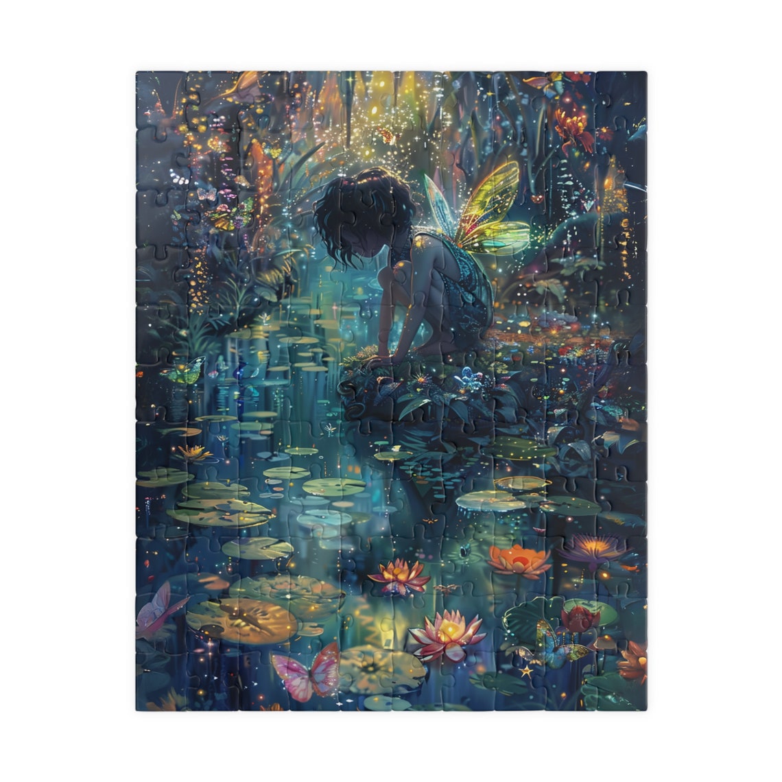 Crouching Fairy By Sparkling Lily Pond At Night Magic Art Poster - Image 5