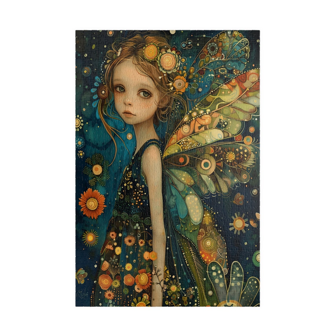 Boho Fairy Portrait With Ornate Teal Wings Night Garden Art Poster - Image 3
