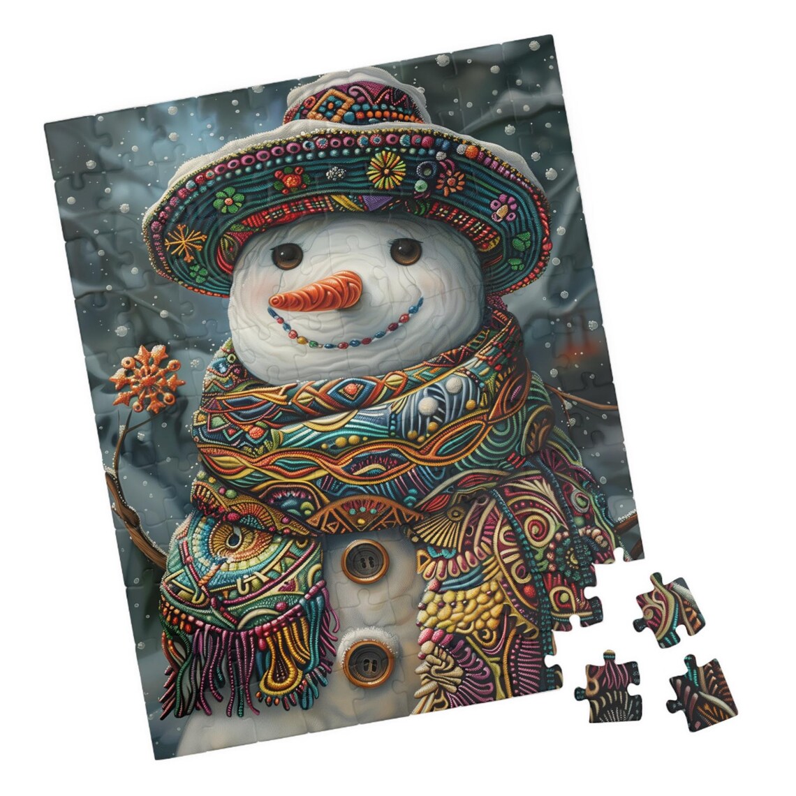 Jolly Snowman Wearing a Bright Colorful Fiesta Hat in Snow Poster - Image 6