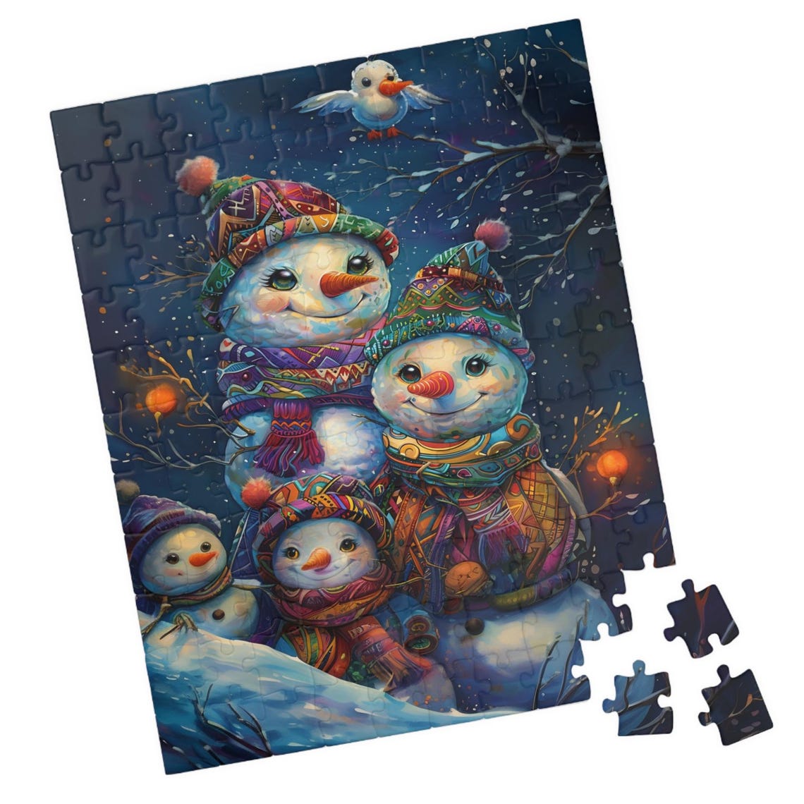 Four Colorful Snowman Kids in Patterned Hats Under Starry Night Poster