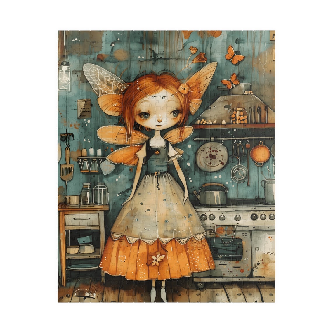 Red Haired Orange Fairy Standing in a Rustic Country Kitchen Art Print - Image 5