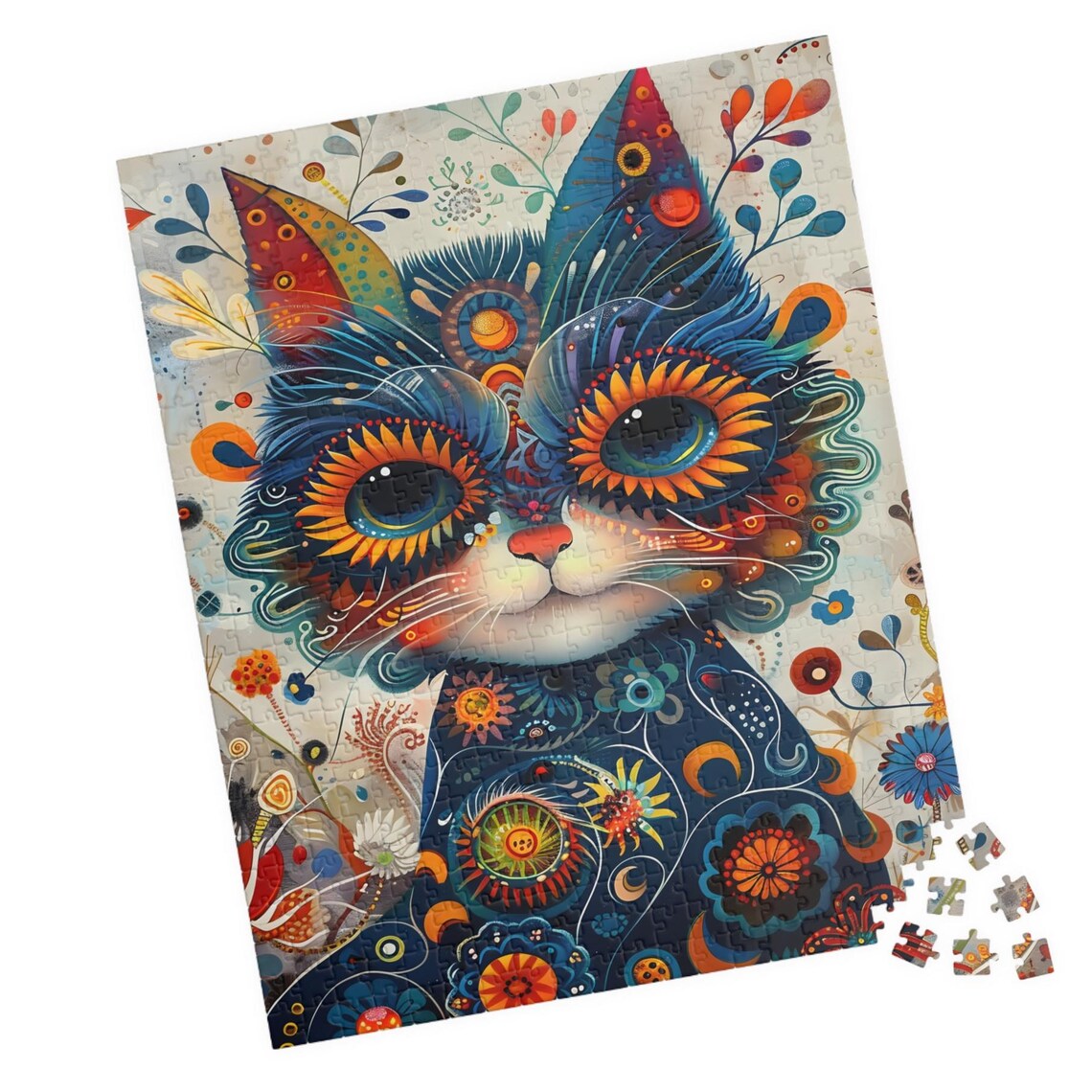 Colorful Folk Art Cat Portrait with Sunflower Eyes Art Poster - Image 6