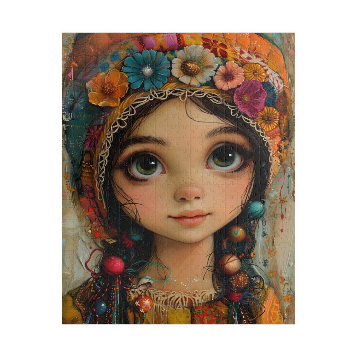 Peasant Girl Portrait With Flower Hat Big Green Eyes Boho Art Poster - Image 5