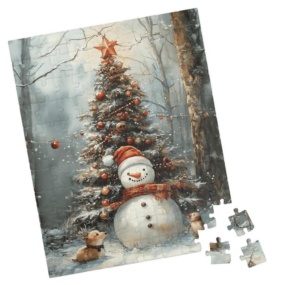 Snowman With A Fawn And Bird By A Christmas Tree Watercolor Print