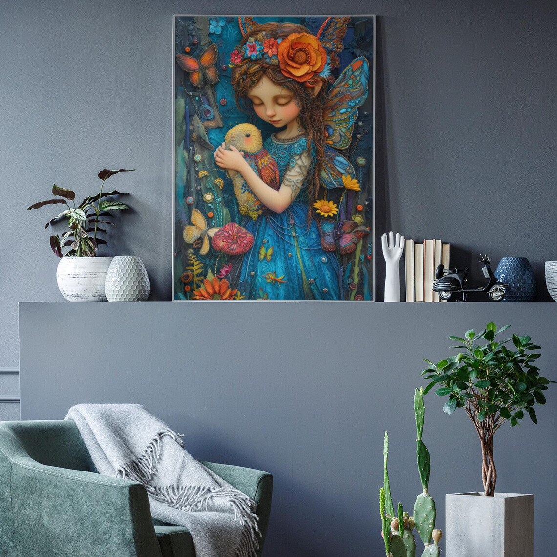 Kind Fairy Hugging A Tiny Bird Among Butterflies And Flowers Art Poster - Image 2