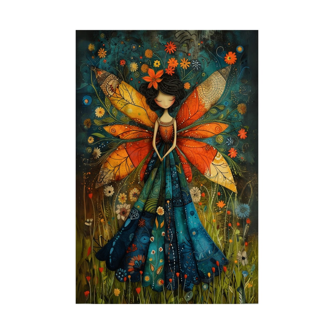 Folk Art Fairy With Orange Butterfly Wings Flower Meadow Poster - Image 3