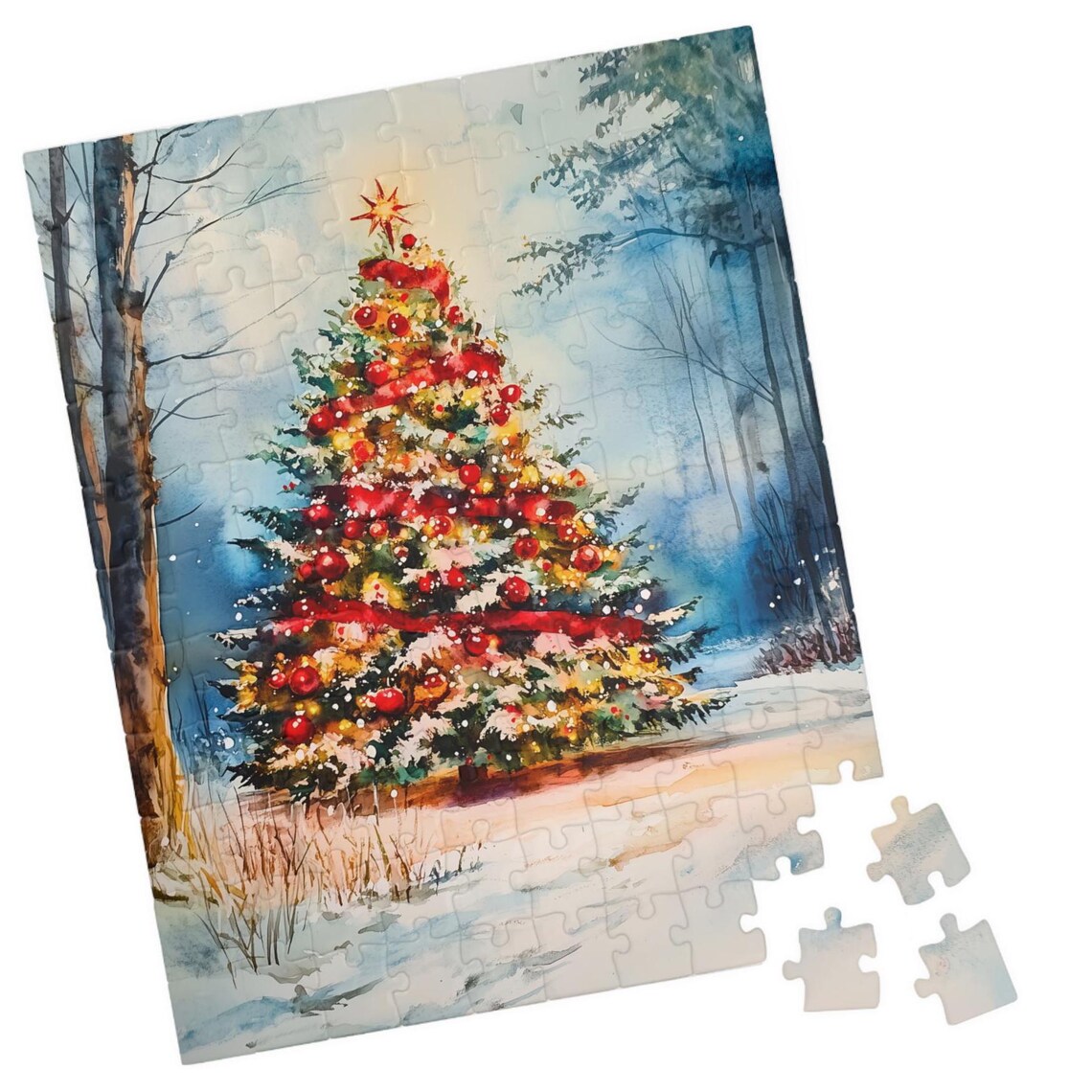 Snowy Christmas Tree With Red Ornaments In Woodland Watercolor Print