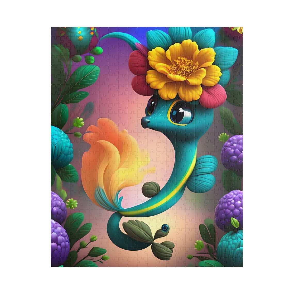 Flutter Cute Teal Fantasy Creature with Yellow Flower Crown Poster - Image 5