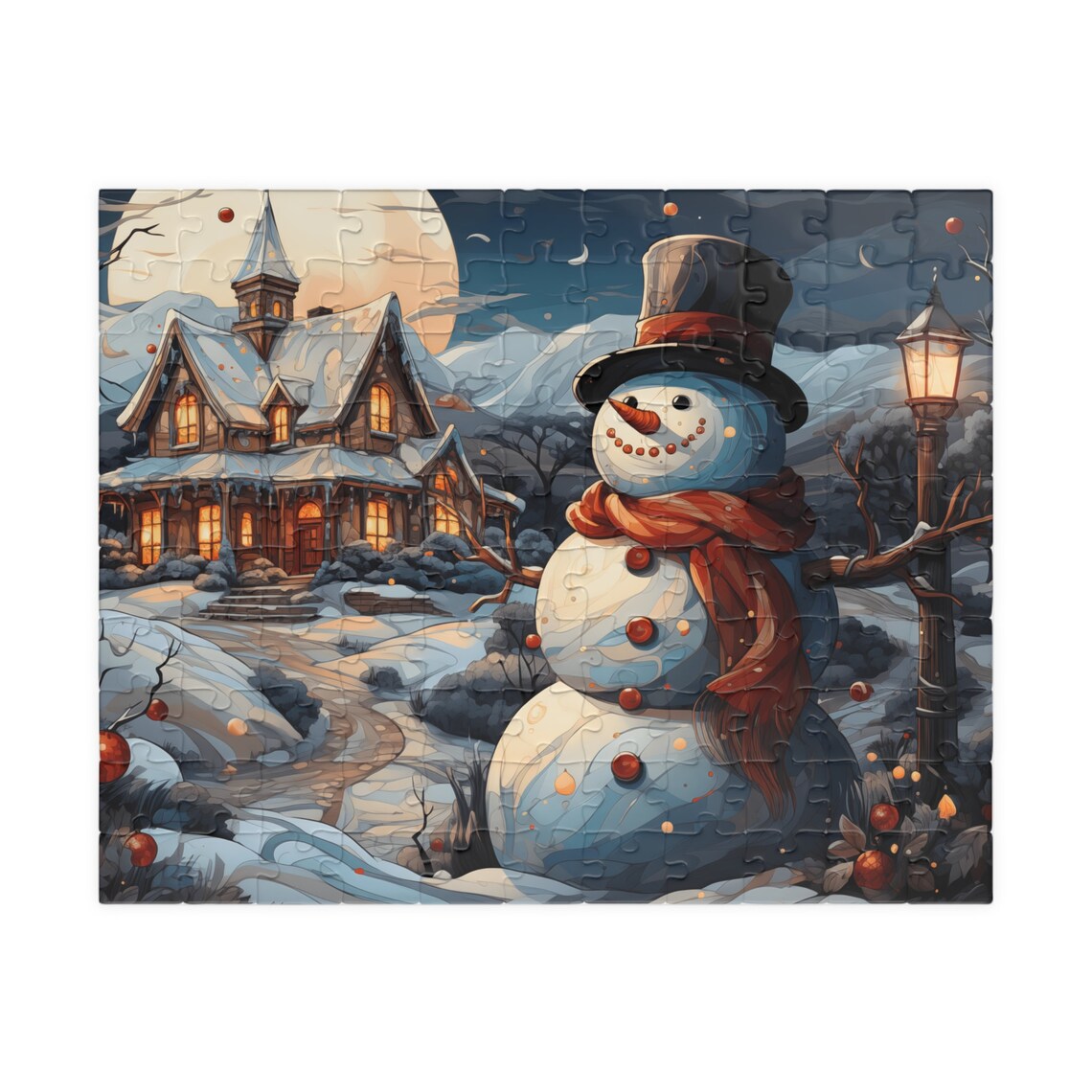 Cheerful Snowman In Top Hat By A Snowy Village House Night Print - Image 5