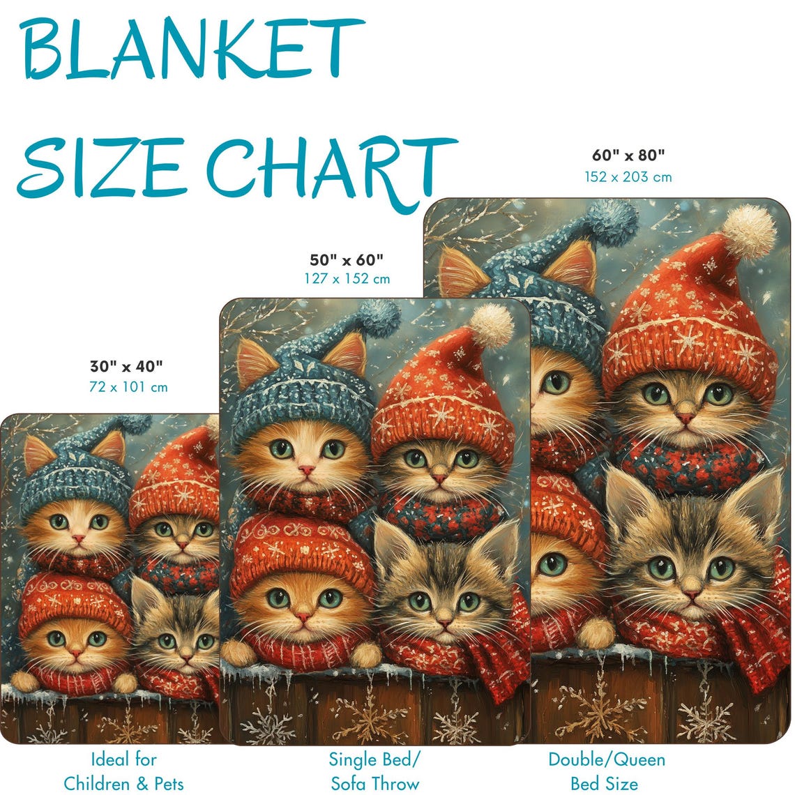 Four Cute Stacked Kittens in Winter Hats and Red Scarves Art Print - Image 4