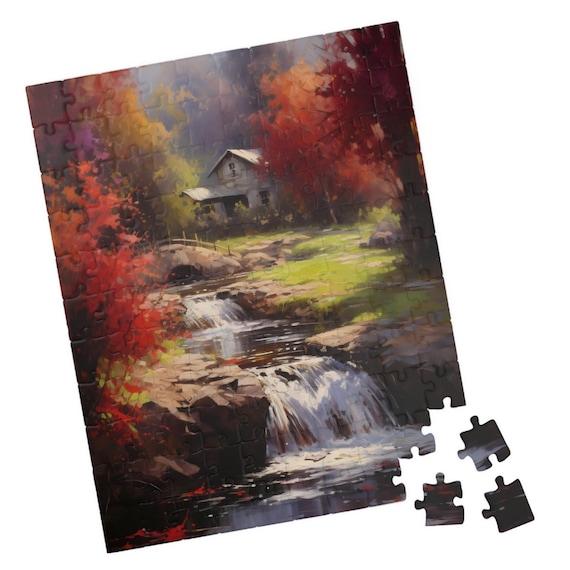 Country Cabin by Autumn Stream Waterfall Rustic Woodland Poster