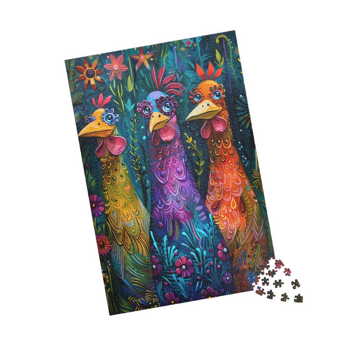 Three Fancy Whimsical Chickens With Jewel Tone Feathers Fun Art Poster - Image 4