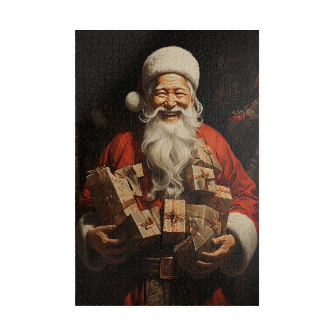 Asian Santa Claus Smiling with Wrapped Gifts Festive Art Poster - Image 3
