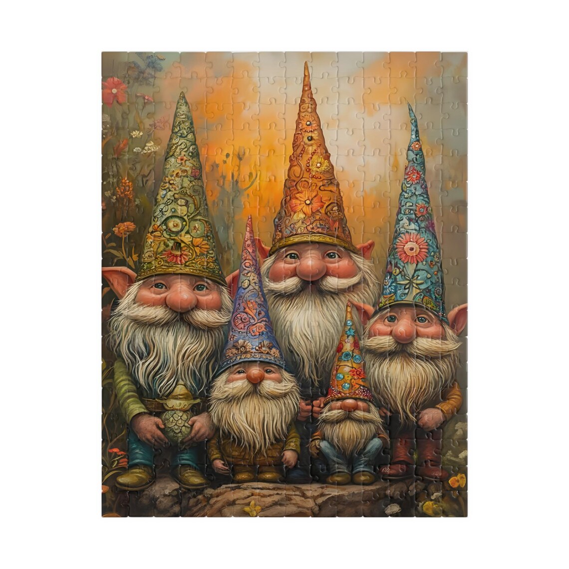 Five Happy Gnomes Colorful Floral Hats Warm Sunset Meadow Poster - Image 5
