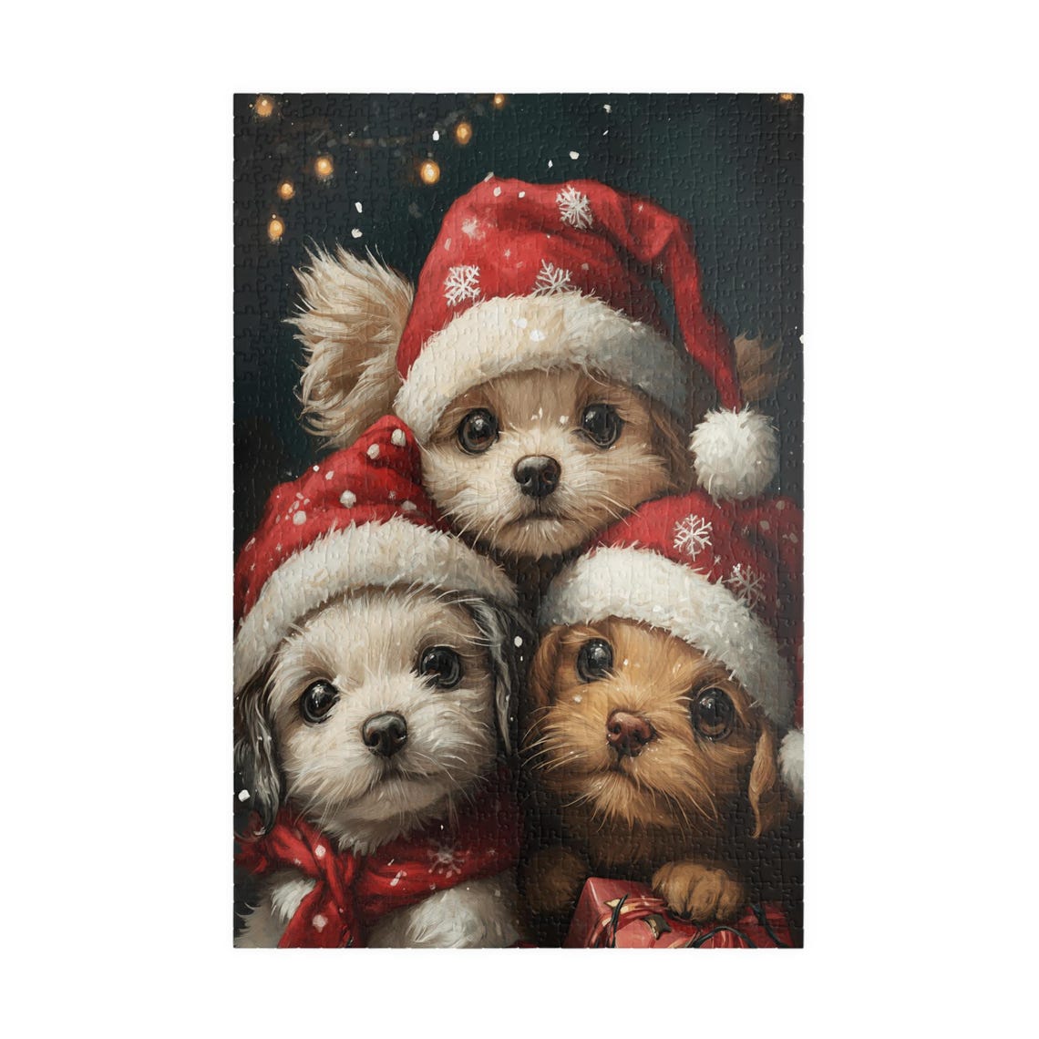 Three Puppies in Santa Hats With Snowflakes Christmas Dog Art Poster - Image 3