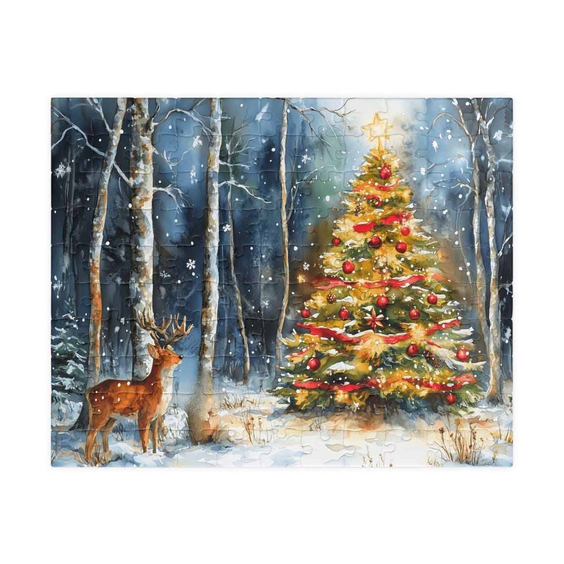Deer Beside A Glowing Christmas Tree In A Snowy Birch Forest Print - Image 5