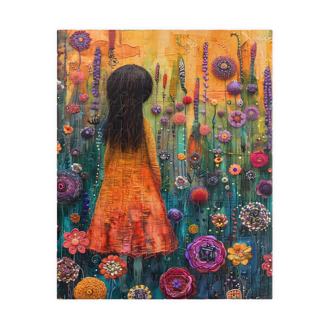 Girl in Orange Dress Walking Through a Textured Flower Garden Poster - Image 2