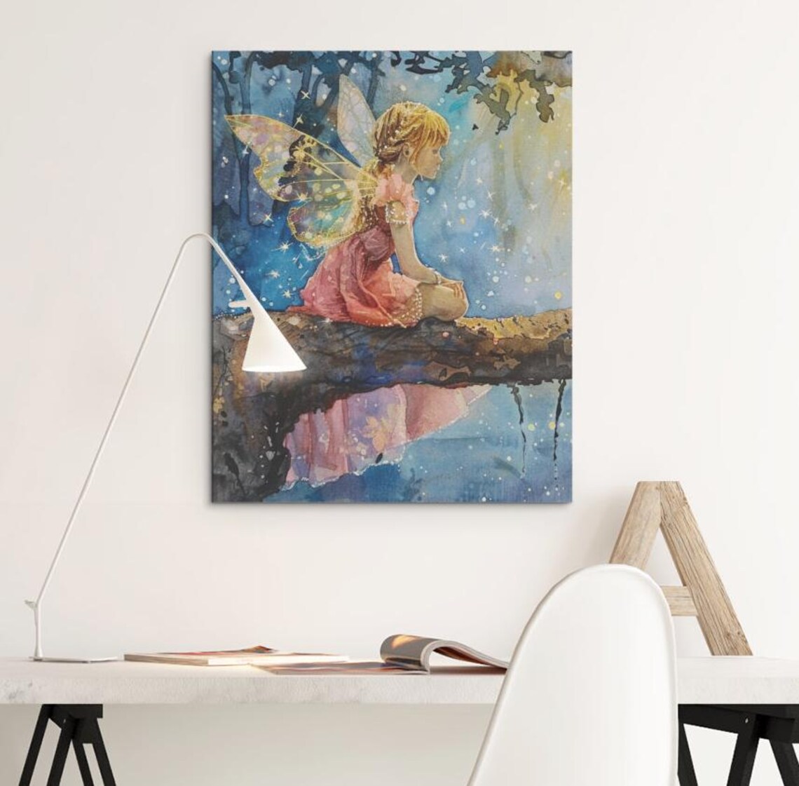 Starry Forest Fairy Girl Watercolor Moonlit Pond Night Scene Poster