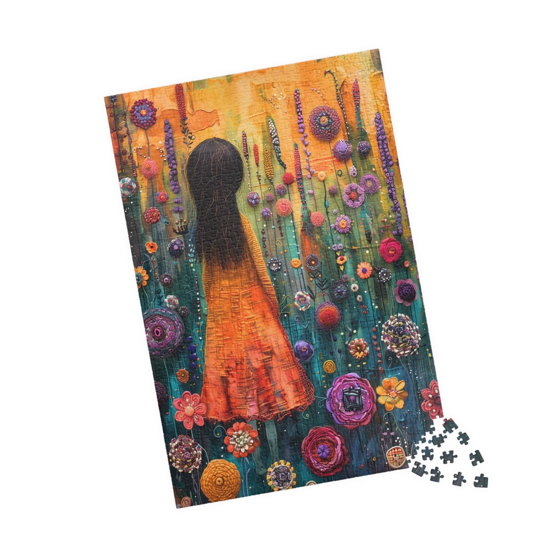Girl in Orange Dress Walking Through a Textured Flower Garden Poster - Image 4